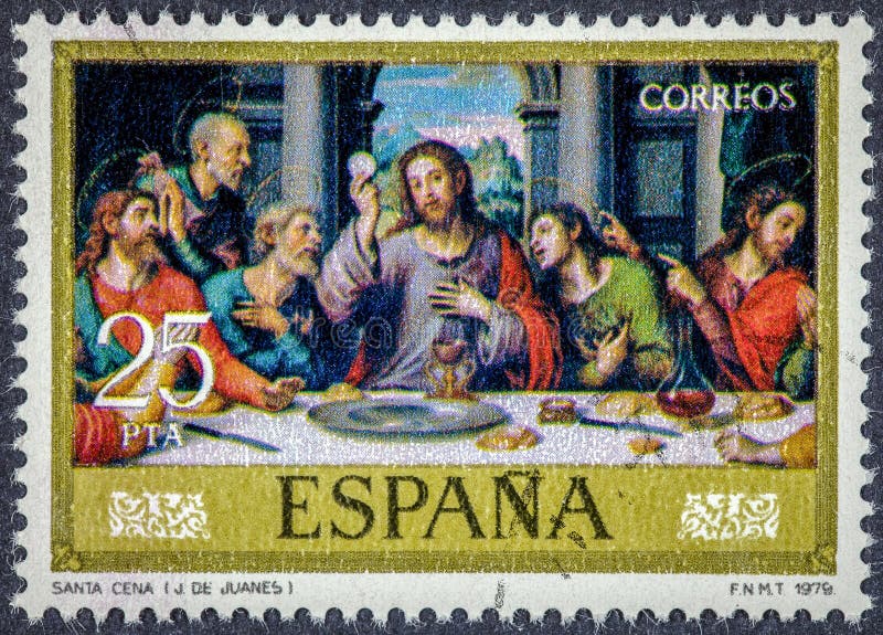 Un sello impreso en España muestra última cena de Juan de Juanes imágenes de archivo libres de regalías Un sello impreso en España muestra última cena de Juan de Juanes imágenes de archivo libres de regalías