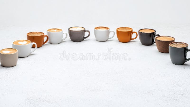 Un semicerchio di tazze da caffè diverse offre un ampio spazio di copia per mostrare strategie di lavoro in remoto e collaborazion illustrazione vettoriale