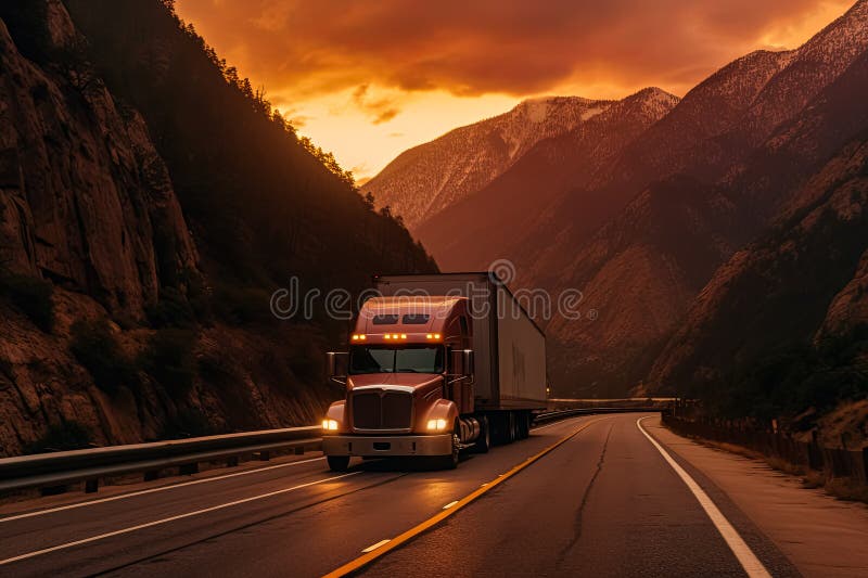 Un semirimorchio rosso sta guidando lungo una strada di montagna al tramonto. fotografie stock libere da diritti