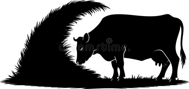Un semplice grafico vettoriale in bianco e nero di una silhouette di vacca pascolata vicino a una alta formazione di erba in un pa illustrazione vettoriale
