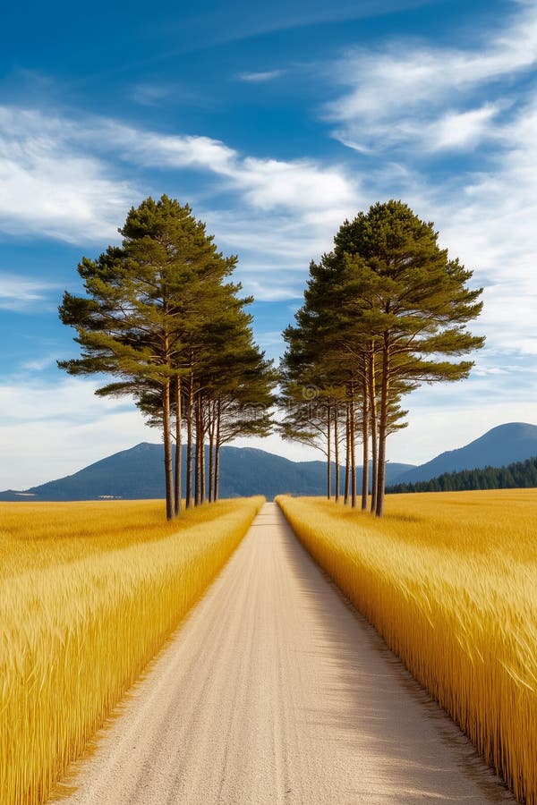 Un sendero sereno se extiende entre campos dorados y pinos con montañas lejanas bajo un vasto cielo azul foto de archivo
