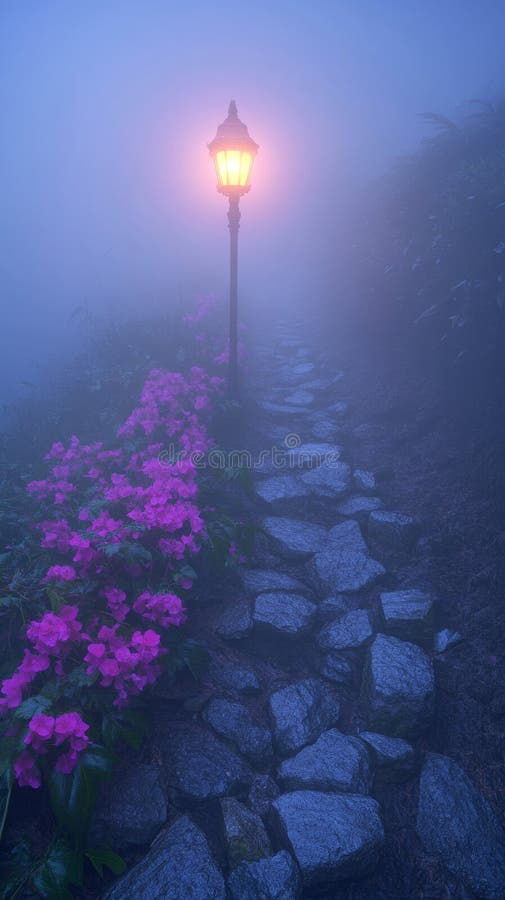 Un sendero sereno serpentea a través del místico y encantador jardín cubierto de una suave niebla al atardecer foto de archivo