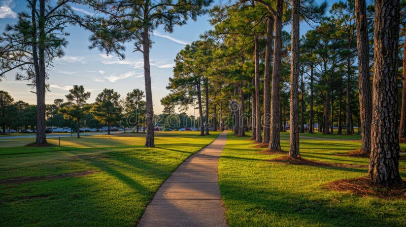 Un sendero tranquilo en un parque con árboles exuberantes y hierba verde. Ideal para la naturaleza y los conceptos exteriores fotografía de archivo libre de regalías