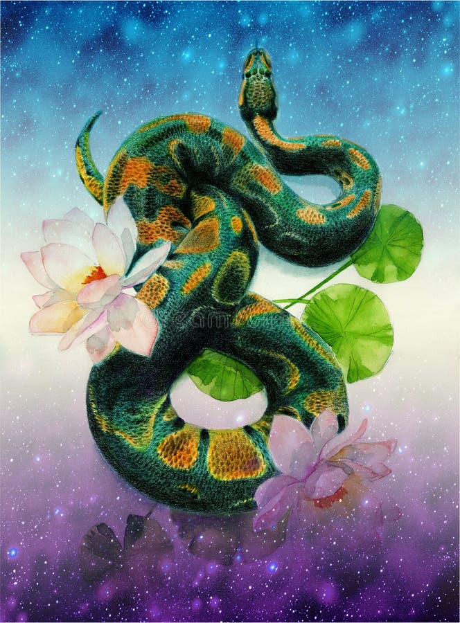 Serpent Avec Lotus. Art Linéaire. Objet D'occultisme Spirituel