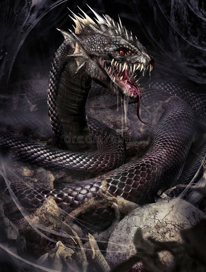 A creepy black mutant snake with six red eyes, a slobbery, disgusting mouth with a hundred sharp curved fangs, it crawls along a dark tunnel strewn with bones and splattered with slime. 2d art. A creepy black mutant snake with six red eyes, a slobbery, disgusting mouth with a hundred sharp curved fangs, it crawls along a dark tunnel strewn with bones and splattered with slime. 2d art