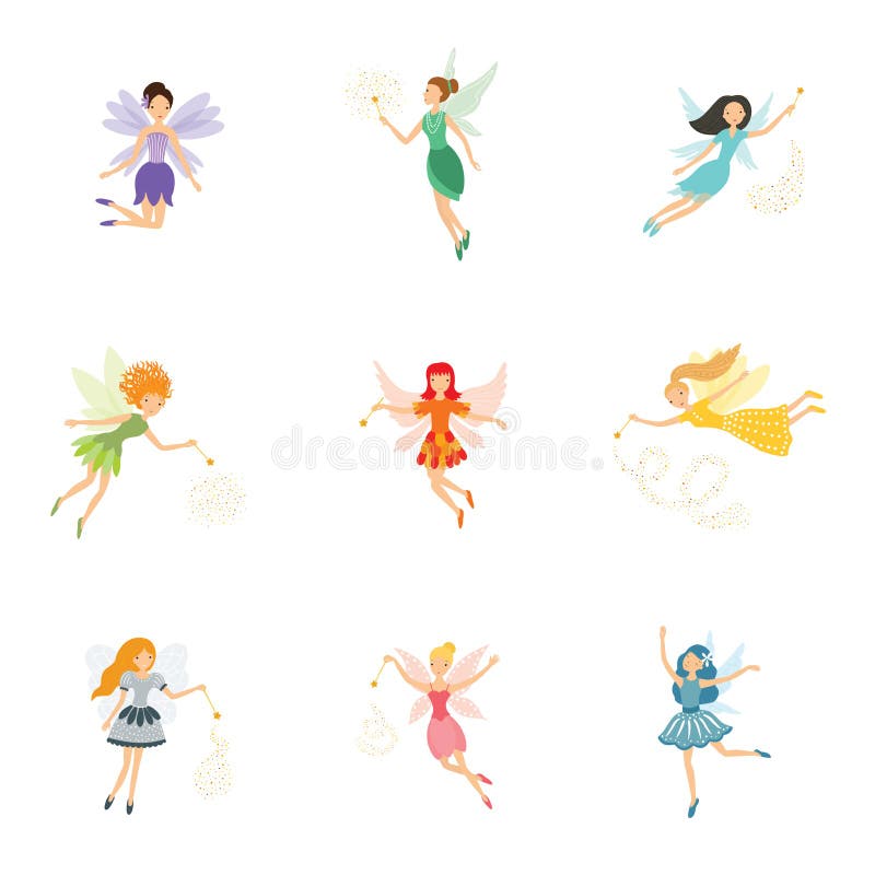 Un set colorat de zâne drăguțe cu baghetă magică și cu păr lung dansând în rochii frumoase stock illustration