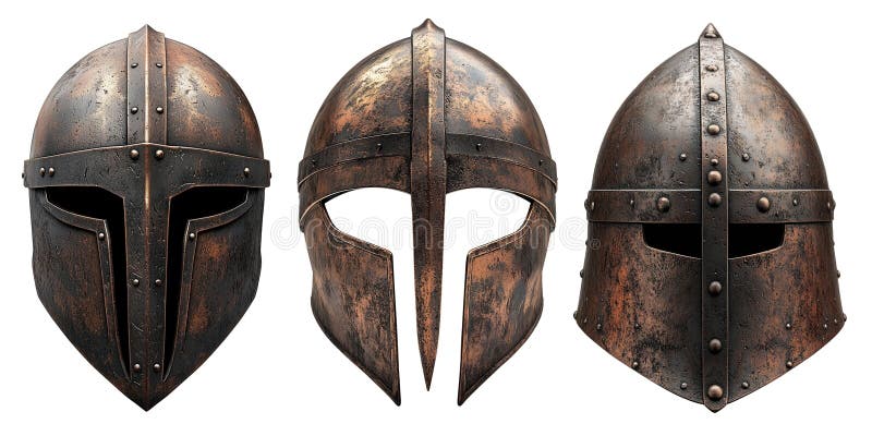 Un set de casca războinică antică izolată pe un fundal transparent. Cască medievală de bronz învechită cu o cască stock photos
