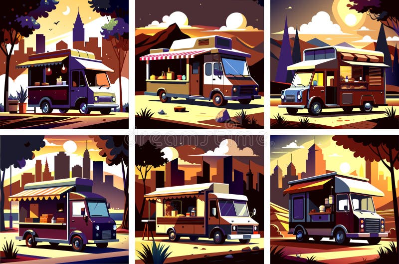 Un set de ilustrații color cu un camion de alimente în oraș royalty free illustration