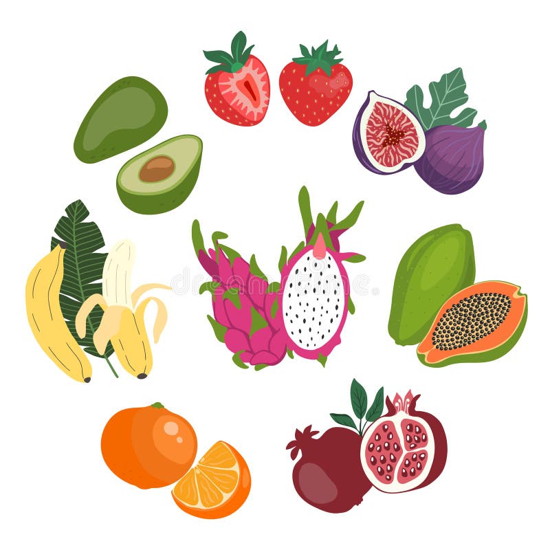 Un set de ilustrații plan drăguț pentru fructele proaspete întregi și feliate. royalty free illustration