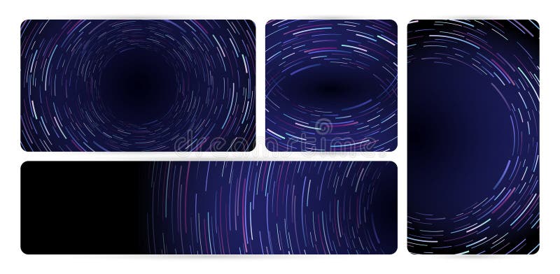 Un set de patru bannere cu dungi radiale cu linii futuristice cu fond albastru și o lumină violet cu spațiu royalty free illustration