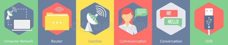 Un set de 6 pictograme de comunicare ca ruter de rețea pentru computere royalty free illustration