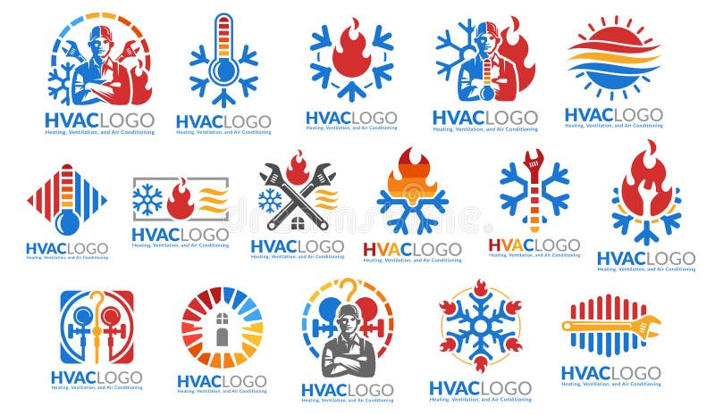 Un set de sisteme de proiectare a logoului pentru încălzire și de colectare a ansamblului siglei pentru climatizare vector illustration