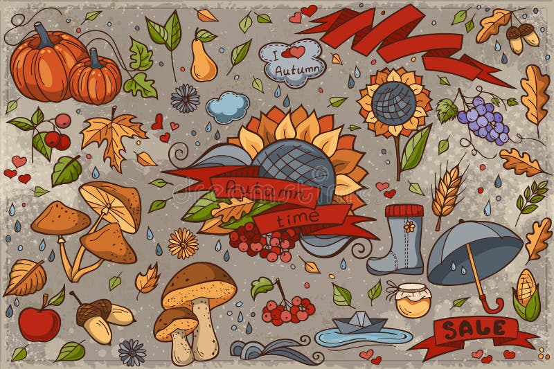 Un set mare de mâzgăli colorate, desenate manual, pe tema toamnei stock illustration