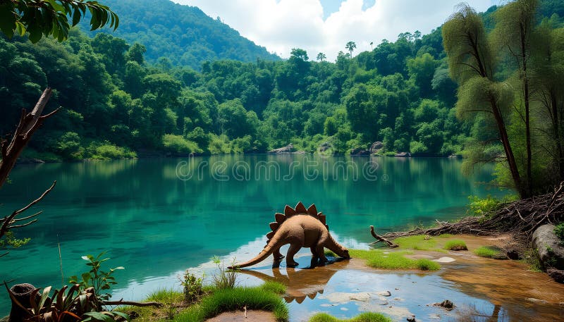 Un seul stegosaurus broutant près d'un lac cristallin entouré d'une jungle dense et d'une végétation primitive.