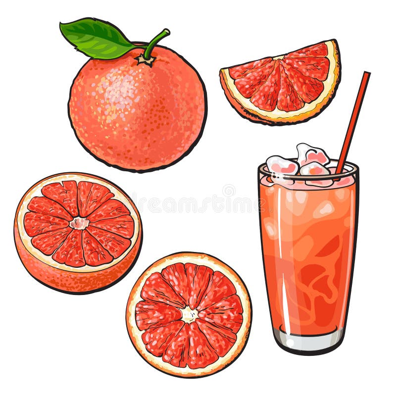 Un sfert întreg de grepfrut și un pahar de suc cu gheață stock illustration