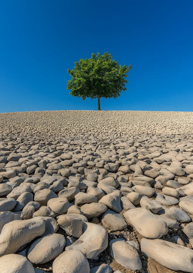 Un singur copac verde pe Rocky Hill Blue Sky Natură Lumina soarelui calmă ca piatra vector illustration
