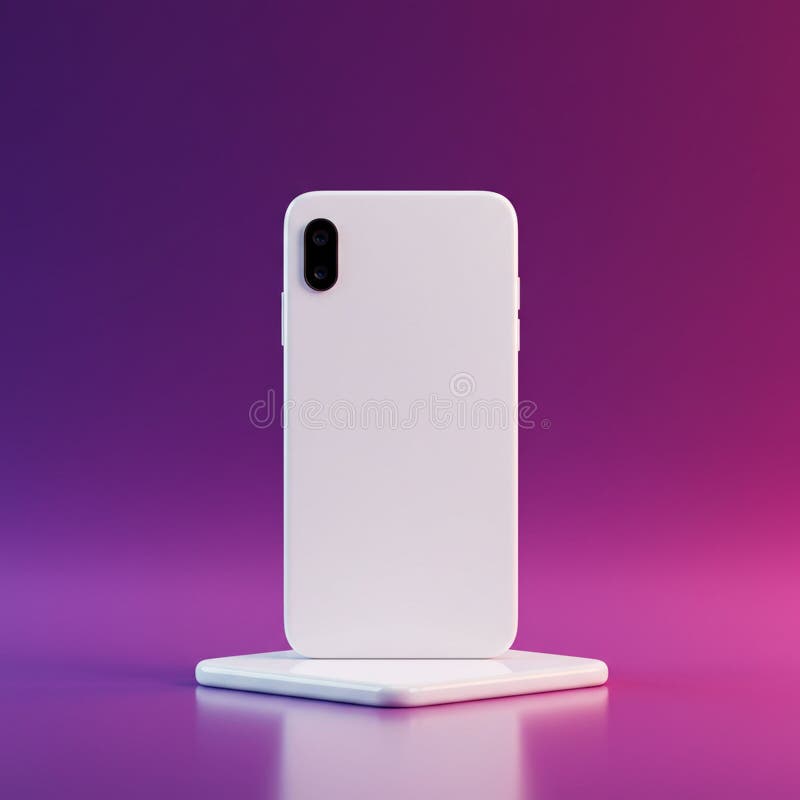 Un smartphone alb minimalist elegant stă în poziție verticală pe o bază pătrată împotriva unui royalty free illustration