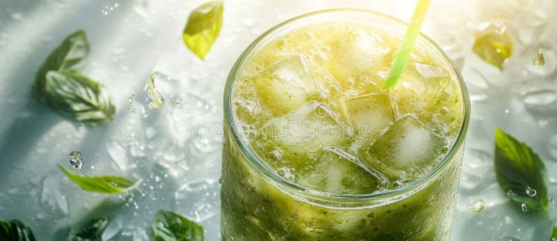 Un smoothie verde fresco en un vaso alto con hielo colocado sobre un fondo blanco ideal para promocionar la salud y el bienestar imagen de archivo