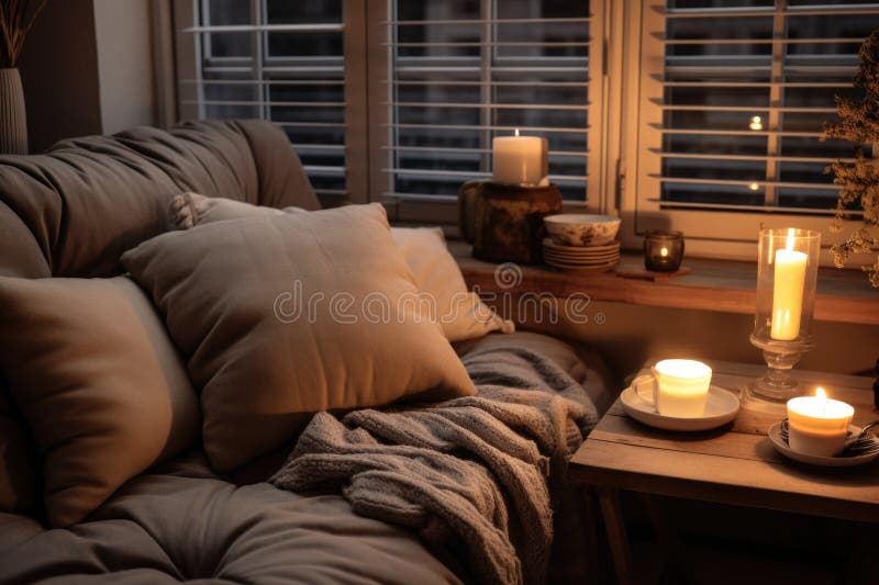 Un soggiorno confortevole con un divano e candele. Ideale per progetti di design interni o interni. Generato dall'AI