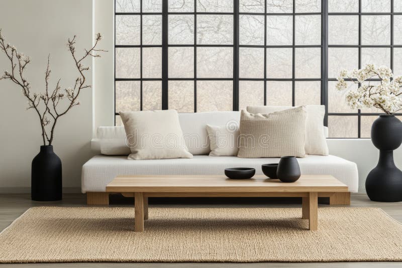 Un soggiorno dal design minimalista con tonalità neutre e decorazioni semplici. Un soggiorno dal design minimalista con tonalità neutre di linea elegante e una semplice AI generata