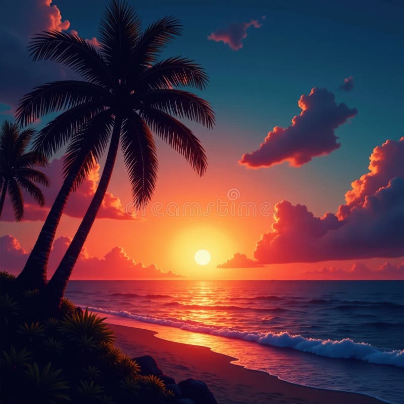 Un sol anaranjado intenso bajo el horizonte iluminando las palmeras y un tranquilo paraíso de calma oceánica fotografía de archivo