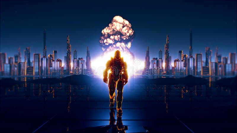 Un soldado futurista en el fondo de la ciudad futura fotos de archivo Un soldado futurista en el fondo de la ciudad futura fotos de archivo