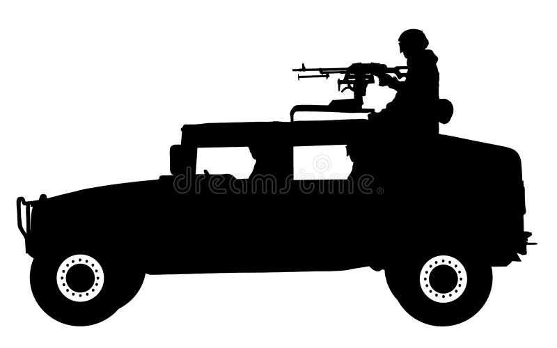 Un soldat se tient avec un fusil, sur un vecteur militaire de silhouette de jeep illustration stock Un soldat se tient avec un fusil, sur un vecteur militaire de silhouette de jeep illustration stock