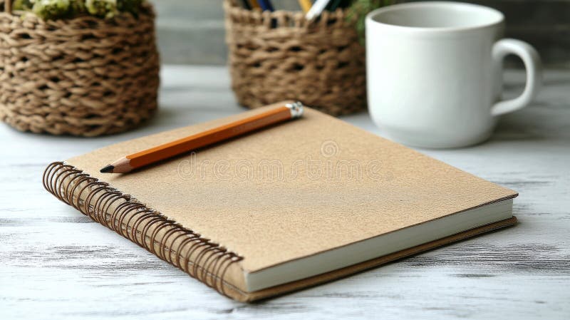 Un spațiu de lucru senin, cu o cafea și flori uscate la o fereastră în lumină de dimineață stock photos
