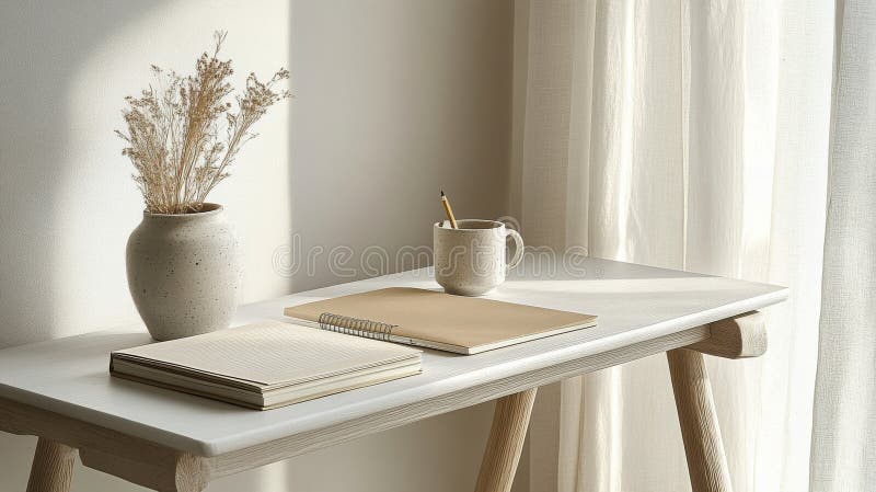Un spațiu de lucru senin, cu o cafea și flori uscate la o fereastră în lumină de dimineață royalty free stock images