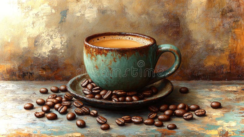 Un stil de viață bogat rustic al unei cești de cafea teală cu boabe de cafea împrăștiate pe o masă cu pene royalty free stock photo