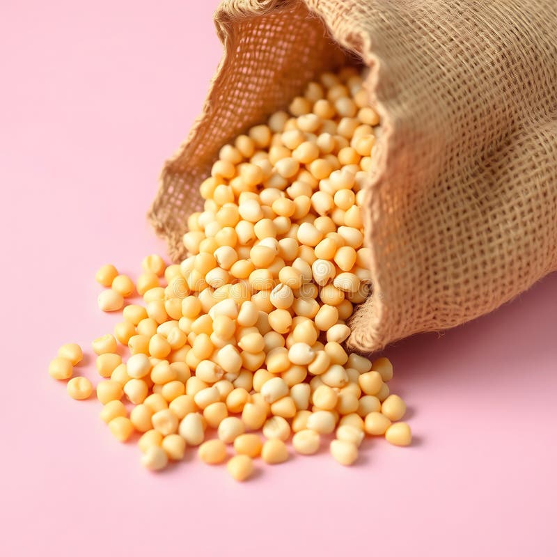 Un strat de semințe de porumb care se scurg dintr-un sac de burlap pe un fond pastel roz stock illustration