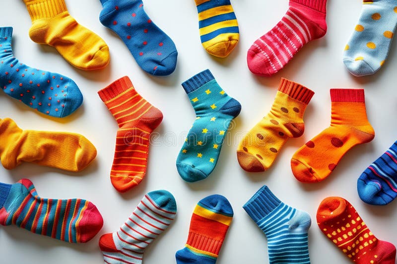 Un tableau ludique de chaussettes colorées dans divers motifs sur fond blanc. Un tableau ludique de chaussettes colorées dans divers motifs sur un fond blanc éclairé par la lumière douce pour rehausser les teintes et les textures vives générées