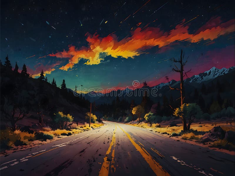 Dream road. A digital painting of a road stretching towards a colorful sunset, with mountains silhouetted in the distance. Dream road. A digital painting of a road stretching towards a colorful sunset, with mountains silhouetted in the distance