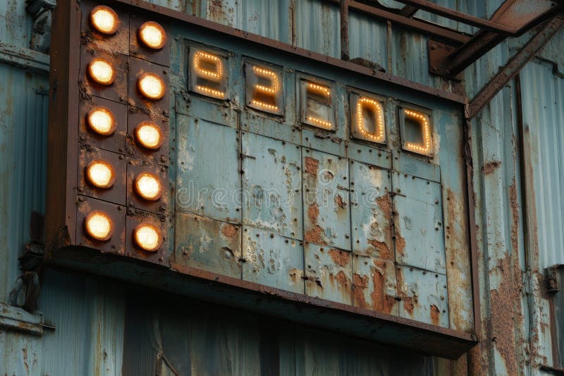 Un tablou de bord de epocă cu bulbi iluminați amplasați pe un perete cu intemperii. punctajul afișează 2500 reflectând un sens royalty free stock photos
