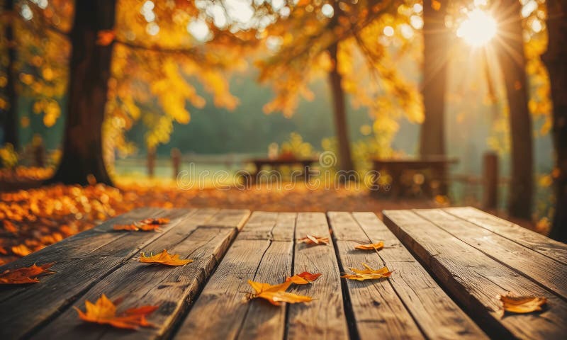 Ai Generated of A wooden picnic table, adorned with fallen autumn leaves, is situated in a serene park. The table is surrounded by a lush, tree-filled landscape, with the sun's rays filtering through the leaves and casting a warm glow on the scene. Ai Generated of A wooden picnic table, adorned with fallen autumn leaves, is situated in a serene park. The table is surrounded by a lush, tree-filled landscape, with the sun's rays filtering through the leaves and casting a warm glow on the scene.