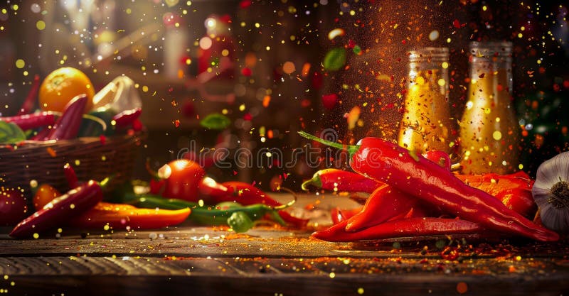 Un tavolo di legno in rustico scorre con peperoncini vibranti spezie e aglio come esplosione di fiocchi di pepe rosso royalty illustrazione gratis
