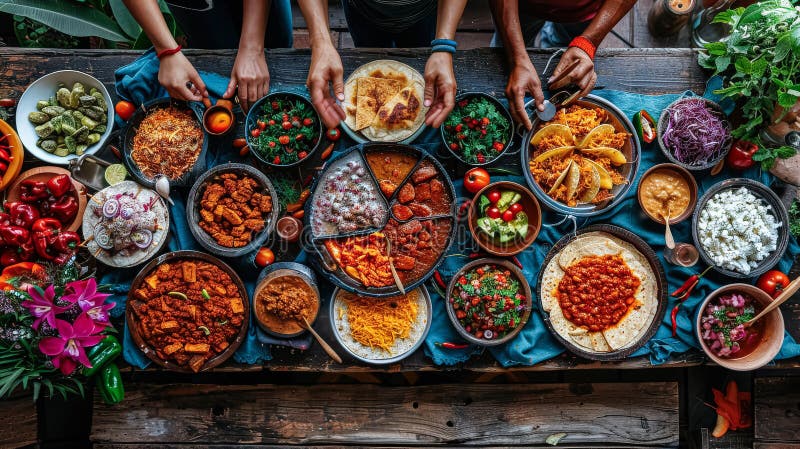 Un tavolo pieno di cibo con gente che ne mangia. immagine stock