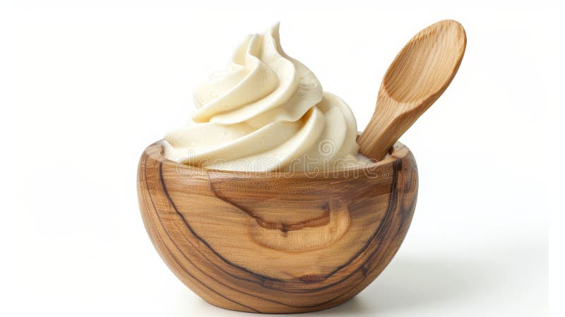 A bowl of sour cream, a spoon, and mayonnaise, isolated on a white background, clipped, with a depth-of-field of full.. AI generated. A bowl of sour cream, a spoon, and mayonnaise, isolated on a white background, clipped, with a depth-of-field of full.. AI generated