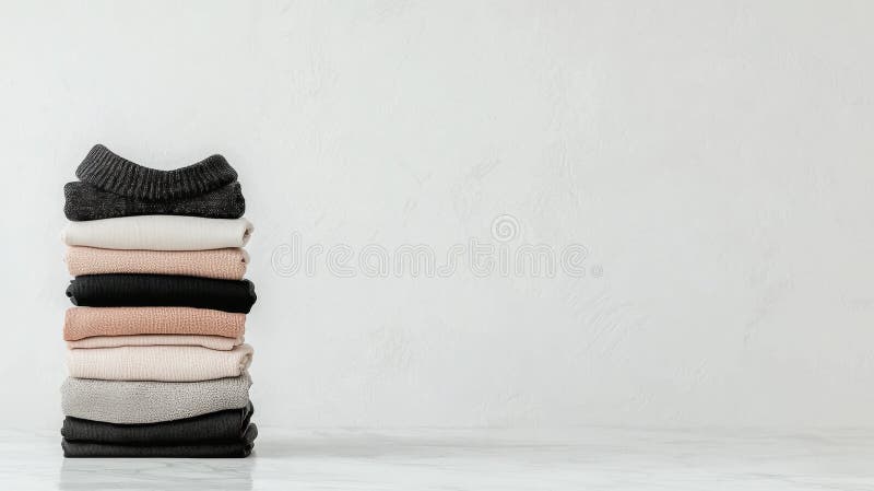 Un teanc de articole de îmbrăcăminte împăturite pe un perete alb. royalty free stock image