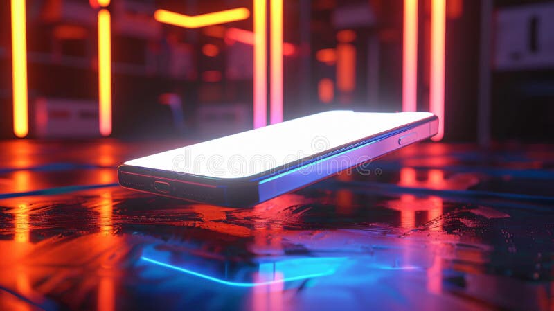 Un teléfono móvil 3D con holograma futurista con una pantalla en blanco colgada en el aire mostrando tecnología avanzada e interfa libre illustration