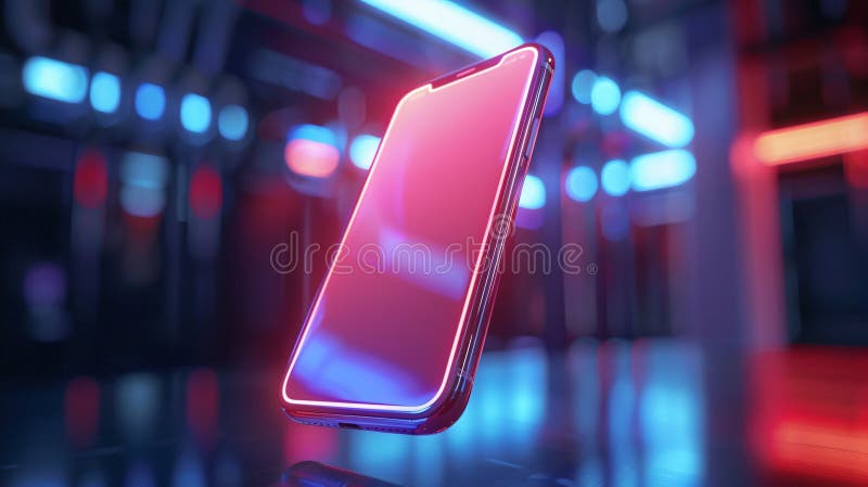 Un teléfono móvil 3D futurista holograma con una pantalla en blanco colgando en el aire mostrando la interfaz de usuario digital a ilustración del vector