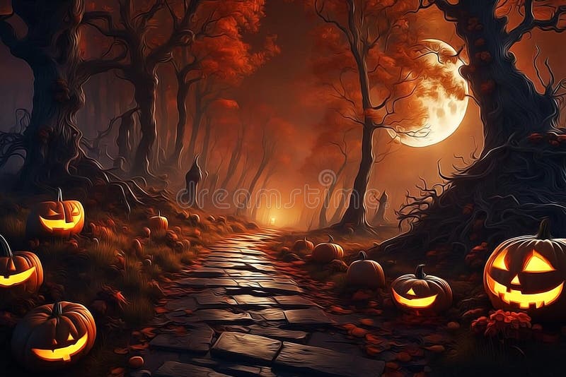Un temibile sentiero di halloween nella foresta ai ha generato un quadro digitale dell'olio illustrazione vettoriale
