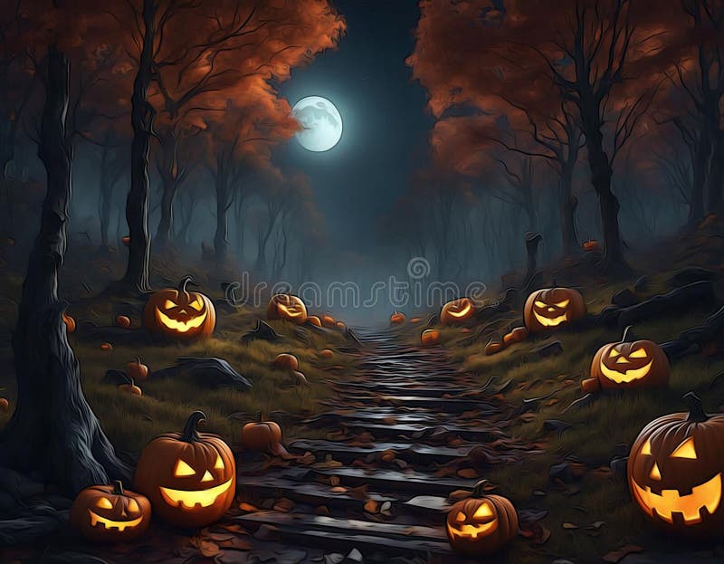 Un temibile sentiero di halloween nella foresta ai ha generato un quadro digitale dell'olio illustrazione di stock