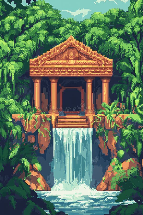 Un templo de la jungla escondido detrás de una cascada rodeada de densa vegetación. ubicaciones de juegos stock de ilustración