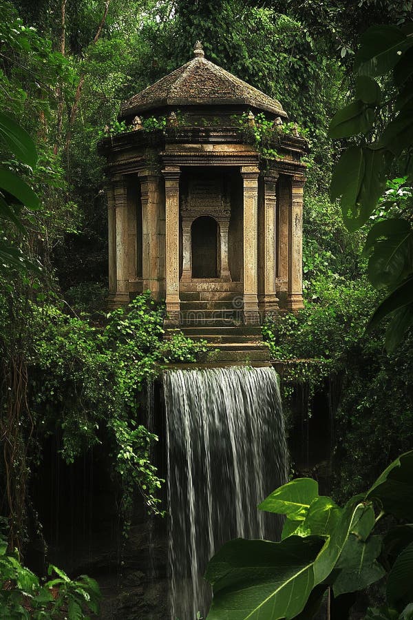 Un templo de la jungla escondido detrás de una cascada rodeada de densa vegetación. ubicaciones de juegos libre illustration