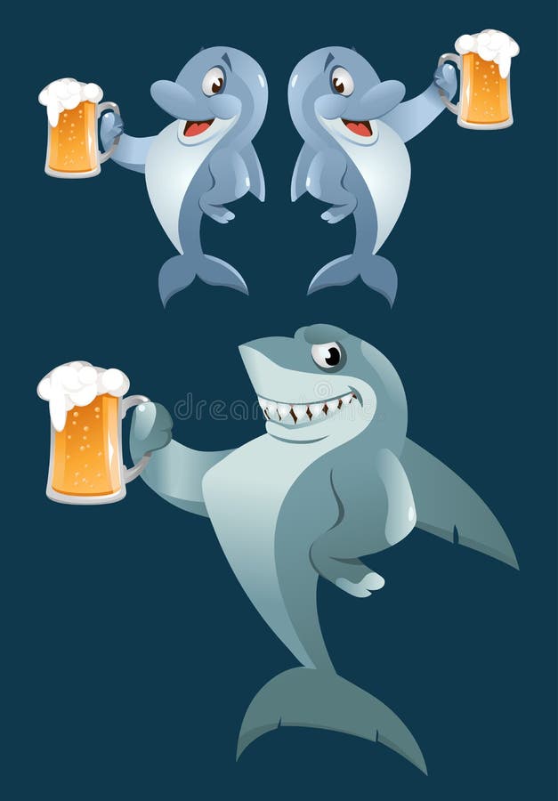 A shark and a pair of dolphins giving a toast with a mug of beer. Oktoberfest Party or just a weekend. Cartoon styled vector illustration. Elements is grouped. On dark background. A shark and a pair of dolphins giving a toast with a mug of beer. Oktoberfest Party or just a weekend. Cartoon styled vector illustration. Elements is grouped. On dark background