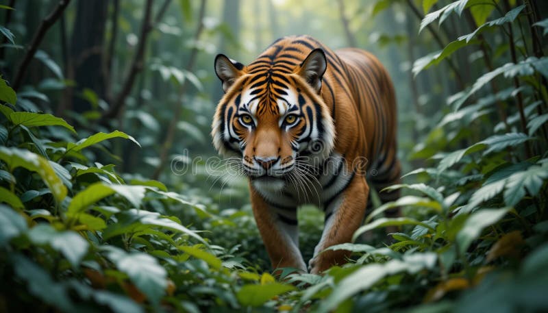 Un tigre majestuoso avanza a través de una densa vegetación de selva generada ilustración del vector