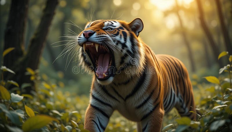Un tigre ruidoso muestra sus dientes afilados y su poderosa presencia generada libre illustration