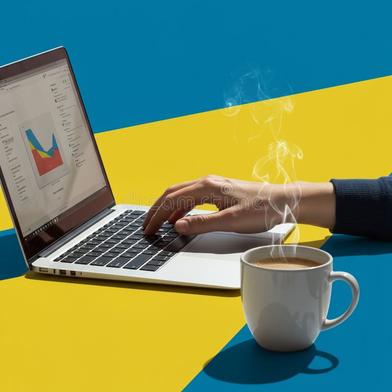 Un tip de mână pe o tastatură laptop care afișează un grafic colorat. În apropiere de o ceașcă de abur vector illustration
