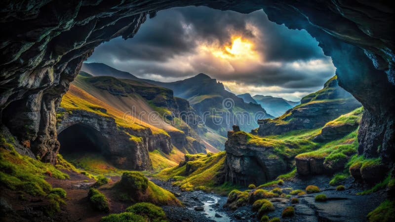 Un tir de drone mystique révèle une grotte de montagne somptueuse Un paysage fantastique de falaises escarpées et ombres mineuses illustration stock